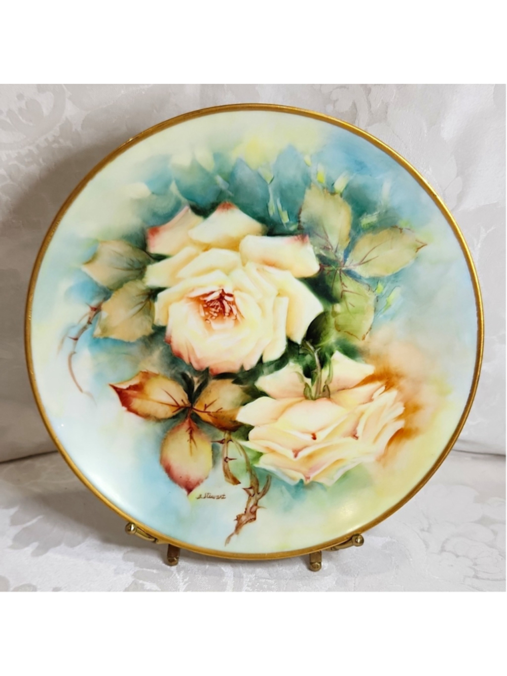 Vtg Hand Painted Porcelain Plate Glenda Stewart Crawfordville GA Yellow Roses